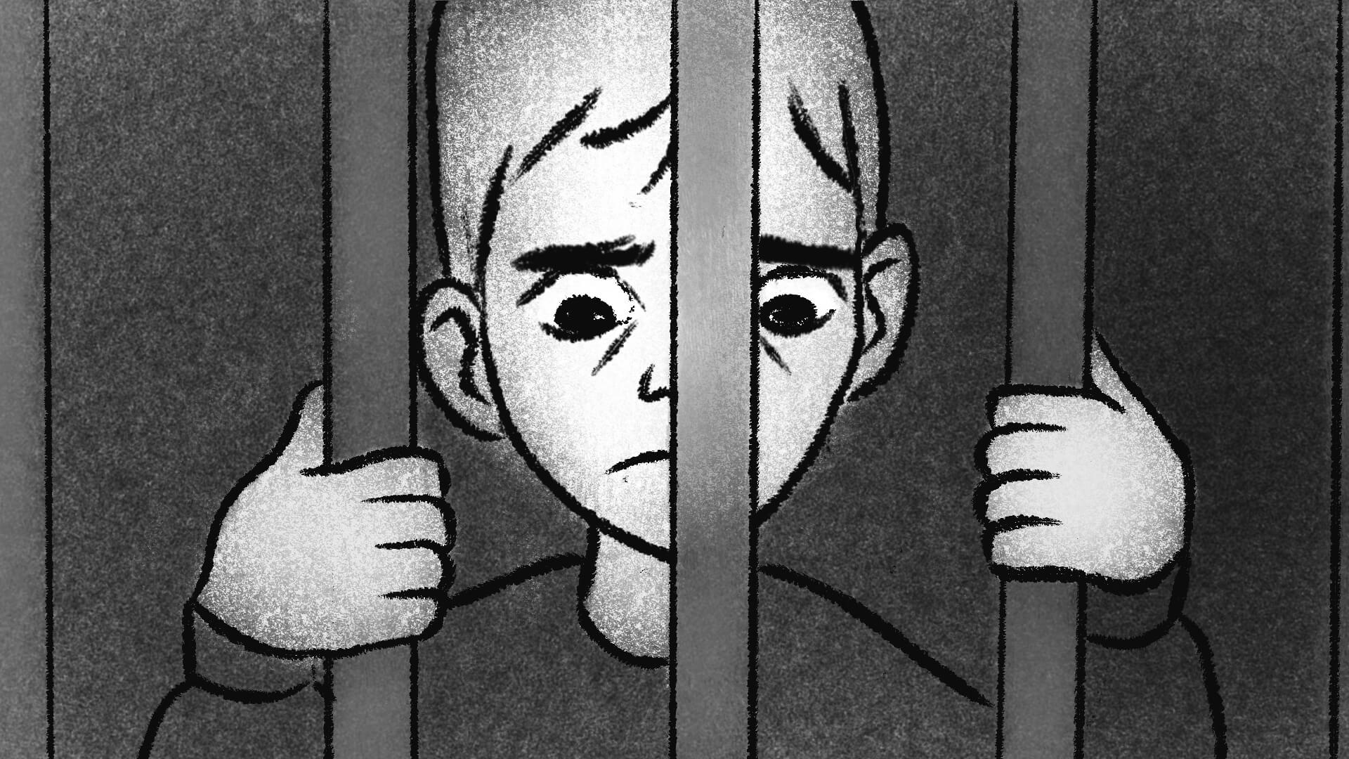 Illustration of a boy behind bars in a cartoon style, representing themes of restriction and yearning for escape.